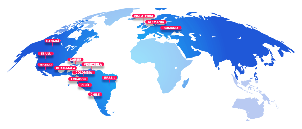 Mapa de presencia internacional de SolSer IT con oficinas en México y clientes en América, Europa y el Caribe.